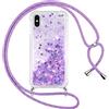 Vauki Cover per iPhone XS/X con Cordino, Trasparente Glitter Liquido Antiurto Brillantini Tracolla Custodia, Silicone Bumper Laccio Sabbie Donna Protettivo Case per iPhone XS, Viola