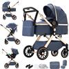Shineey Passeggino trio,Carrellino per Bebè città 22kg con sedili,Passeggino pieghevole con vista alta,Buggy combinato pneumatici in gomma e vagone per bebè in alluminio (U9-X/BLUE, U9-X)