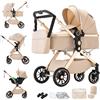 Shineey Passeggino trio,Carrellino per Bebè città 22kg con sedili,Passeggino pieghevole con vista alta,Buggy combinato pneumatici in gomma e vagone per bebè in alluminio (U9-X/BEIGE, U9-X)