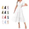 Generic Abito midi da donna casual estivo con scollo a V in cotone con tasche, maniche corte, elastico in vita, abiti da spiaggia bohémien, con volant, linea A, Blu scuro, S