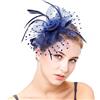 WUERKIYA Cappello Fascinator Donna Piumaggio Fascia Fiori Maglia Pizzo Clip Cappello Piuma Accessorio Capelli Copricapo per Festa Chiesa Matrimonio Cocktail Jockey Club Blu Navy