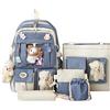 LYEAA Set combinato zaino da scuola in tela 5 pezzi, zaini da scuola Kawaii per studenti delle ragazze, Blu