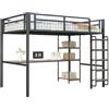 Azkoeesy Letto a Soppalco Matrimoniale 140x200 cm con Scrivania e Scala 3 Livelli, Protezione Anticaduta e Griglia di Sicurezza, Struttura in Metallo, Ideale per Bambini e Adulti, Colore Nero