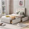 Moimhear Letto imbottito 90 x 200 cm, letto con rete a doghe, schienale e 2 cassetti, tessuto di flanella beige delicato sulla pelle, letto singolo per bambini (bianco)