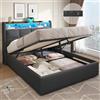 DICTAC Letto Matrimoniale 140x200 con Contenitore, Illuminazione LED, Ciabatta Multipresa e Testiera, Letto Idraulico con Rete a Doghe, Telaio per Adulti, Grigio Scuro