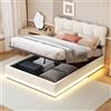 MISNODE Letto Contenitore 140x200 cm, Letto Matrimoniale con Luci LED, Struttura Letti Imbottita in Velluto con Rete a Doghe per Adulti e Adolescenti, Letto con Contenitore, Beige