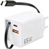 Syluxa Caricatore USB-C GaN 65W 3 in 1 con Cavo Retrattile USB C GaN a 3 Porte con Cavo di Ricarica Retrattile da 70cm per iPhone 16/15/14 Pro Max, Galaxy S25 Ultra, iPad, Huawei Pura 70