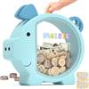 Summidate Salvadanaio Bambini in Legno, Forma di Porcellino, Salvadanaio Grande Trasparente per Monete e Banconote, Idea Regalo Educativo Compleanno e Battesimo per Ragazzo e Ragazza (Blue, Standard)