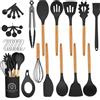 Omtofo Utensili Cucina Silicone - 33 Pezzi Utensili Da Mestoli Cucina Silicone Con Manico In Legno, Senza Bpa, Resistenti Al Calore E Antiaderenti, Con Supporto E Mestoli, Con Fori Per Appendere, Nero
