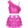 Freebily Vestito da Ballo Bambina Latino Americano Monospalla Abito da Ballo Paillettes Crop Top con Gonna di Danza Classica Vestito da Pattinaggio Artistico Jazz Salsa Samba Rosa Caldo 5-6 Anni