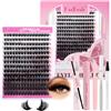 Fadlash Kit d'extension de cils DIY - 0.07D Curl Mix 8-16mm 100D Fluffy Wispy, cils clusters individuels avec colle et scellant, set de cils avec dissolvant et pinces, avec eyeliner blanc