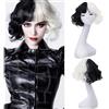 YuanYouTong Parrucca da donna in bianco e nero Crudelia Deville, parrucca corta riccia mezza bianca mezza nera con frangia capelli sintetici ondulati per feste in maschera Halloween costume cosplay