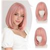 RUWISS Dritto Rosa Bob Parrucche con Frange，35cm Spalla Lunghezza Parrucca per Donna Charming Bob con Bangs Fibra Sintética Resistente per Uso