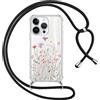 Yirlbey Cover per iPhone 15 Pro Max 6,7'' con Cordino, Custodia Trasparente con Fiori di Campo Disegni Aesthetic Laccio Tracolla Corda, Protective Case Rigida Collana Antiurto Sottile per Ragazza, 02