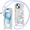 Yirlbey Trasparente Cover con Cordino per iPhone 15 6,1, Aesthetic Fiore Motivo Disegni Case, Sottile Silicone Custodia con Tracolla Collana Catena Antiurto Protettiva per iPhone15, Viola