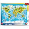 Trefl, Puzzle con cornice con base, 25 pezzi, mappa del mondo con animali, per bambini dai 4 anni in su