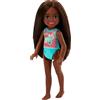 Barbie Chelsea - Bambola piccola con costume da bagno a righe e stampa floreale, capelli marroni e occhi marroni