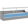 Ristoattrezzature Modello: 11068055952809,Banco refrigerato statico con vano riserva per salumeria e macelleria vetri apribili verso l'alto azzurro +4 +6°C 300x98x127h cm