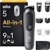 Braun Rifinitore All-in-One Series 5, Rasoio Elettrico Corpo Uomo, Barba e Capelli 9in1 con Lama Ultra Affilata, Regolabarba, Tecnologia Skinguard per Il Corpo, 120 Min di Autonomia, Aio5545, Grigio