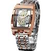 FORSINING Orologio da uomo di lusso a scheletro cavo retrò splendido ingranaggio intaglio design rettangolare Tonneau quadrante grande cinturino in pelle e cinturino in acciaio inossidabile orologio