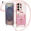 ZhuoFan Magnetica Custodia per Samsung Galaxy S25 5G 6,2 con Cordino, Glitter Sfumato Case Compatibile con MagSafe Trasparente Aesthetic Motivo Cuore Disegni Cover Protezione con Collana,Rosa