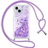 Vauki Cover per iPhone 15 con Cordino, Trasparente Glitter Liquido Antiurto Brillantini Tracolla Custodia, Silicone Bumper Laccio Sabbie Donna Protettivo Case per iPhone 15, Viola