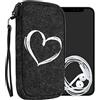 kwmobile Custodia in feltro con zip per Smartphone XL - 6,7/6,8 - Astuccio portacellulare a sacchetto con cerniera e ricamo - Borsa Cuore bianco/grigio scuro