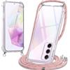 Oelrstfe Cover con Cordino per Samsung Galaxy A35, Trasparente Silicone Custodia con Regolabile Collana Laccio Tracolla, Antigraffio Proteggere Case Corda per Samsung A35, Rosa