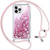 Vauki Cover per iPhone 13 Pro Max con Cordino,Trasparente Glitter Liquido Antiurto Brillantini Tracolla Custodia,Silicone Bumper Laccio Sabbie Donna Protettivo Case per iPhone 13Pro Max,Rosa