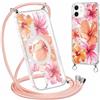 ZhuoFan Magnetica Custodia per iPhone 12 Pro/ 12 6,1 con Cordino, Trasparente Case Aesthetic Estivi Modello Fiori Disegni Cover Compatibile con MagSafe Protezione Collana Cellulare Femmina, 05