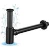 KINKIBOS Sifone universale in ottone per lavandino e lavabo, sifone per bottiglie in 1 1/4 x 32 mm, scarico scarico, sifone con apertura per la pulizia, colore nero