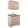 Yellowshop | Mobile cucina sottolavello a 2 ante cm 80 colore Olmo completo di lavello inox e scolapiatti serie Basic (Versione Sx)