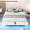 FAYICIC Letto imbottito 160 x 200 cm, telaio idraulico per letto sospeso con vano portaoggetti, cuscino multifunzionale senza testiera con luce LED, lino beige