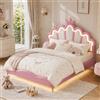 MIOOSUT Letto per bambini imbottito 140x200 cm con LED, letto doppio per ragazza adolescente, testiera regolabile in altezza, design a forma di corona, rete a doghe in PU, senza materasso (rosa LED