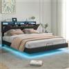 LSFYYDS Letto Imbottito Letto Matrimoniale 160x200 con Contenitore, Luci LED e Presa USB, letto Sospeso con Comodini Integrati e Rete a Doghe in Legno, Rivestimento in PU, Design Moderno
