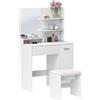 HOMCOM Toeletta Trucco con Specchio e Sgabello, Postazione Trucco con Cassetto, Armadietto e Ripiani in Legno, Bianco