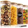 Deco haus Barattoli Vetro con Coperchio Legno Set di 4 [+ETICHETTE] | Contenitori Pasta Vetro - Contenitori Cucina - Porta pasta contenitore per Biscotti, Farina, Cereali, Spaghetti - 4 x 1400 ml