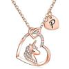 TINGN Collana Unicorno con Lettere Iniziali Placcate Oro Rosa 14K - Ciondolo a Cuore CZ - Regali per Ragazze, Bambini e Donne - Gioielli per Anniversario