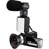 LLOOPK Videocamera, Videocamere digitali 2.7K Videocamera digitale portatile Zoom 16X con schermo LCD touch(With 64GB SD Card,Lens-Mic-LED)