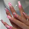 Generic Unghie finte lunghe e quadrate con fiori 3D e strass per uno stile dolce - unghie finte rosa a punta francese con motivo zebra e leopardo per uso quotidiano, feste e occasioni speciali