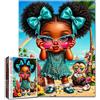 Tucocoo Carino Beach Black Girl Puzzle 1000 pezzi Fashion Big Eye African Girl Puzzle per adulti e adolescenti, opera d'arte estiva colorata isola tropicale scimmia puzzle per famiglie notti di gioco regalo