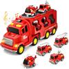 Dcceeo 5 en 1 Camion Pompieri Giocattolo, Camion Trasportatore Macchinine con 4 Mini Camions dei Pompieri Camion dei Pompieri ad Inerzia avec Luci e Suoni Regalo per Ragazzi Ragazze di 3 4 5 6 anni