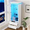 MURUL Armadietto alto con 2 cassetti, 60 x 40 x 171 cm, lucido, vetrina in vetro con LED, armadietto da soggiorno, con ante in vetro e porta pieghevole, bianco