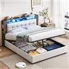 BRILVERDE Letto imbottito 140x200 con Contenitore idraulico, Letto matrimoniale a LED con USB, Funzionale con testiera, Struttura letto con rete a doghe, Velluto (Beige, 140 x 200 cm)