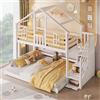 Azkoeesy Letto a castello a forma di casetta in legno di pino resistente, 90x200 cm / 140x200 cm, scaletta salvaspazio e Cassetti, ringhiera di sicurezza e doghe, per ragazze e adolescenti, senza materasso