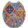 Generic Sedile WC Rotondo Decorativo In Resina Italiana con Cerniere A Sgancio Rapido E Chiusura Ammortizzata, In Stile Piastrella Di Ceramica Messicana Talavera, con Ornamento Etnico E Popolare, Fa