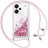 Vauki Cover per Xiaomi Redmi Note 13 Pro+ 5G con Cordino,Trasparente Glitter Liquido Antiurto Brillantini Tracolla Custodia,Silicone Bumper Laccio Sabbie Donna Protettivo Case, Rosa