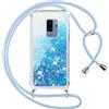 Vauki Cover per Samsung Galaxy S9 Plus con Cordino, Trasparente Glitter Liquido Antiurto Brillantini Tracolla Custodia, Silicone Bumper Laccio Sabbie Donna Protettivo Case per Samsung S9+, Blu
