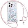 Vauki Cover per iPhone 16 Pro Max con Cordino,Trasparente Glitter Liquido Antiurto Brillantini Tracolla Custodia,Silicone Bumper Laccio Sabbie Donna Protettivo Case per iPhone 16 ProMax,Argento