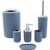 BM Set di Accessori da Bagno in Plastica, Set Accessori Bagno Completo 6 Pezzi, Dispenser, Portaspazzolino, Bicchiere, Portasaponetta, Portascopino, Pattumiera (Blu Avio)